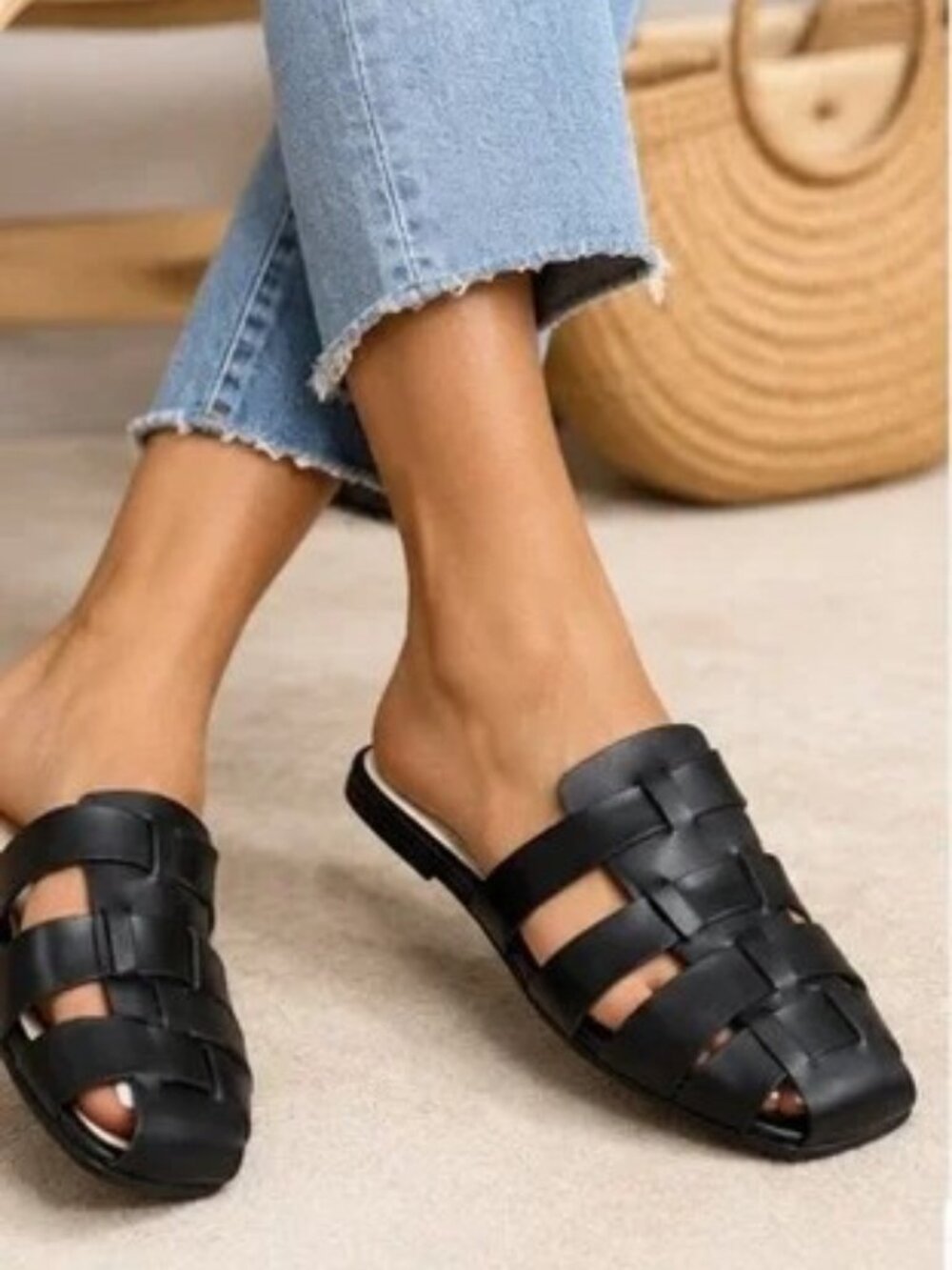 Franco Sarto Black Fisherman Slide Sandals Mules